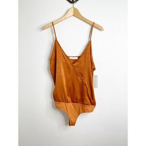 North End Lizard Thicket Burnt Orange Satin Surplice Bodysuit Large NWT